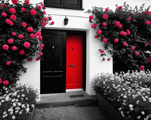 Bold Red Door Framed by Black Doors and Roses