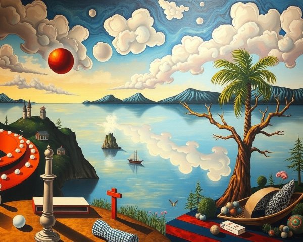Surreal Landscape with Vibrant Sky and Unique Objects
