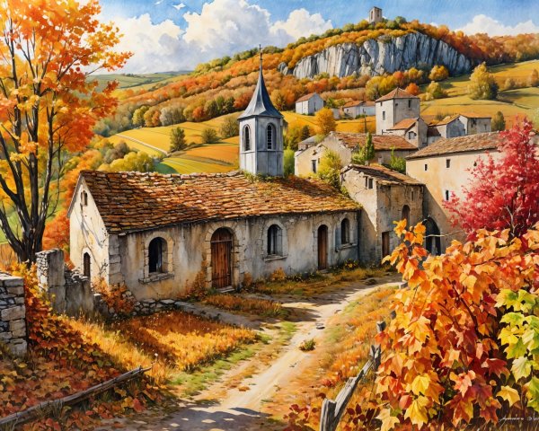 Autumn Village Scene with Stone Buildings and Church