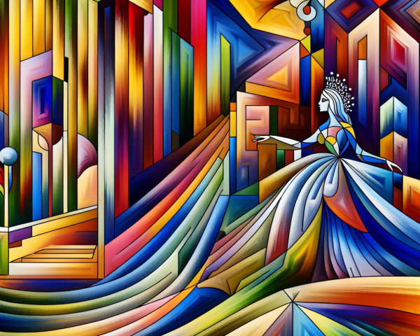 Abstract Figure in Flowing Gown with Geometric Shapes