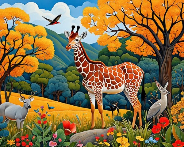 Vibrant Savanna Landscape with Giraffe and Wildlife