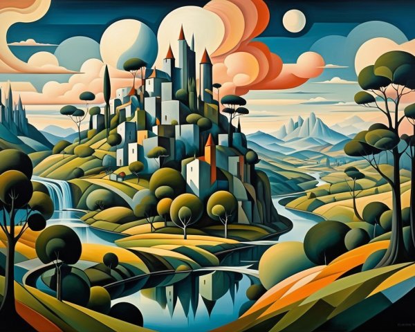 Vibrant Landscape with Castle, River, and Mountains