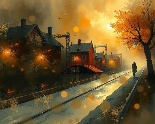 Solitary Figure Walks Along Misty Railway at Sunset