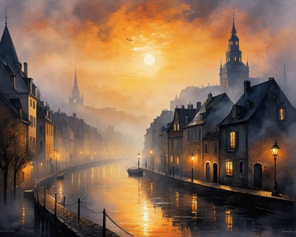 Serene Dawn River Scene with Mist and Warm Lights