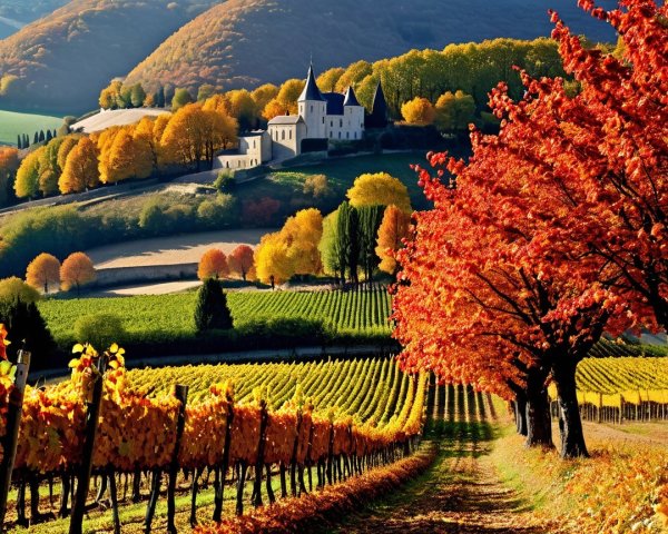 Autumn Landscape with Vineyard and Colorful Foliage