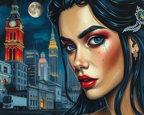 Portrait of a woman with dramatic makeup in a cityscape