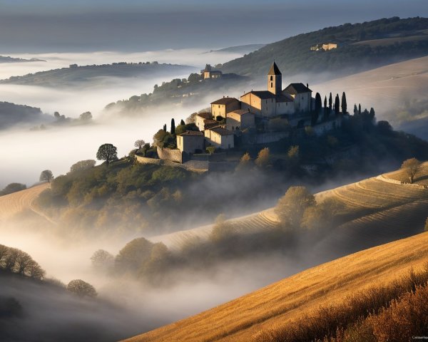 Hillside Village in Misty Morning Landscape