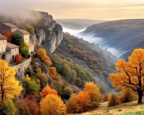 Autumn Landscape with Village and Dramatic Cliffs