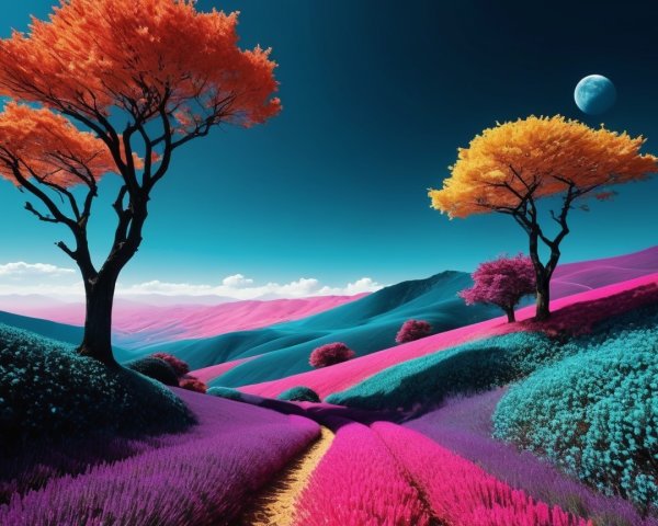 Surreal Landscape with Colorful Hills and Unique Trees