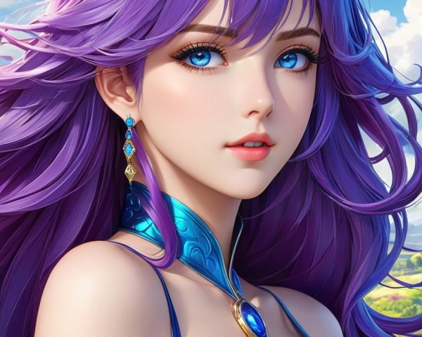Stunning female character with purple hair and blue eyes