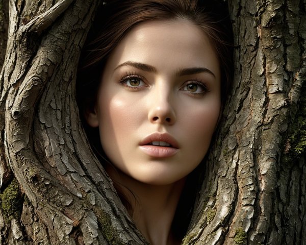 Close-up of a young woman with glowing skin and tree bark