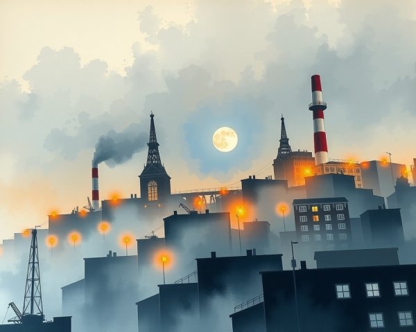 Misty City Skyline with Illuminated Buildings and Moon