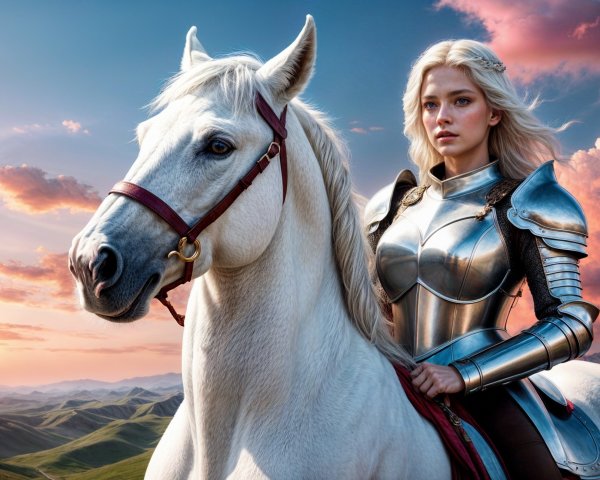 Knight in Silver Armor on White Horse at Sunset
