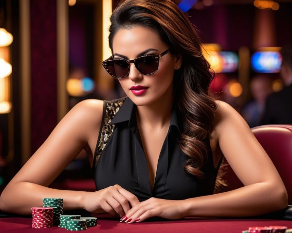Confident Woman at Poker Table in Vibrant Casino