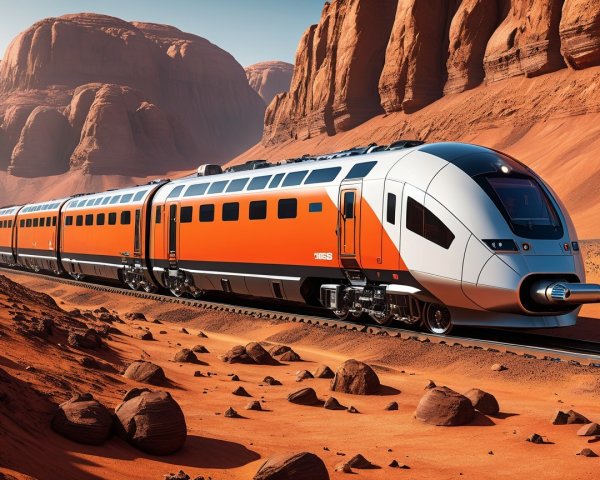 Futuristic Train in Desert Landscape with Red Rocks