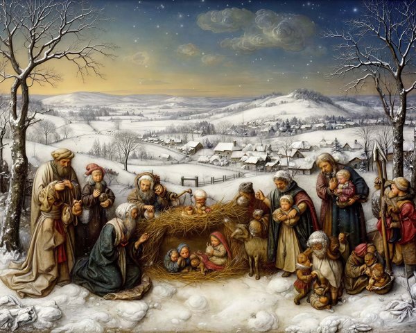 Nativity Scene Oil Painting in Snowy Landscape