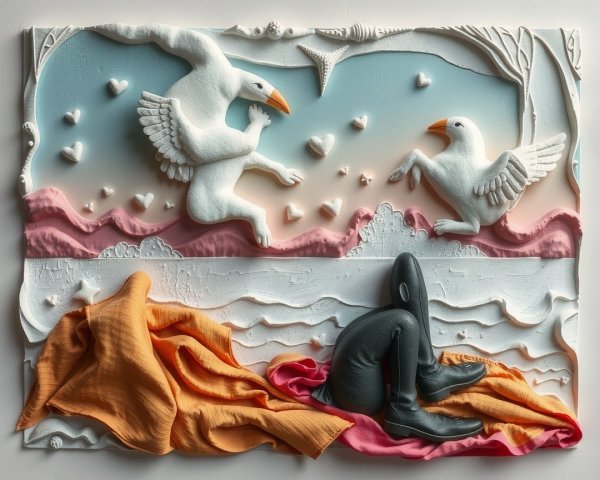 Three-Dimensional Scene with Swans and Ocean Elements