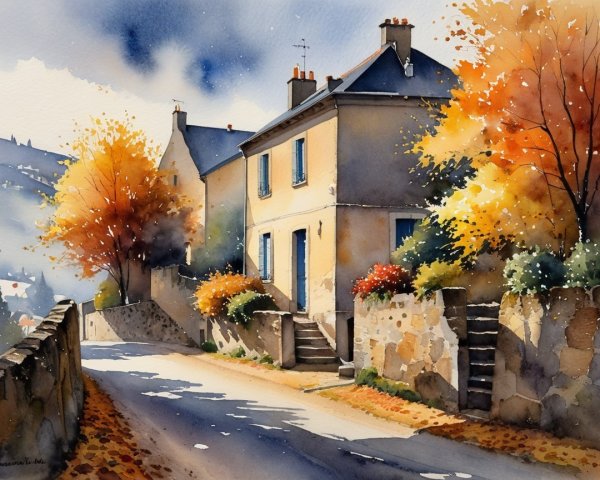 Autumn Landscape with Yellow House and Colorful Trees