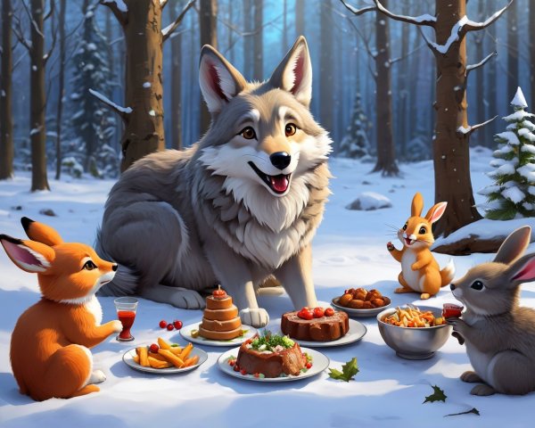 Cheerful Wolf in Snowy Forest with Feast Displayed