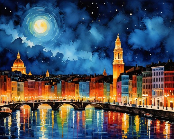 Watercolor Cityscape at Night by a River