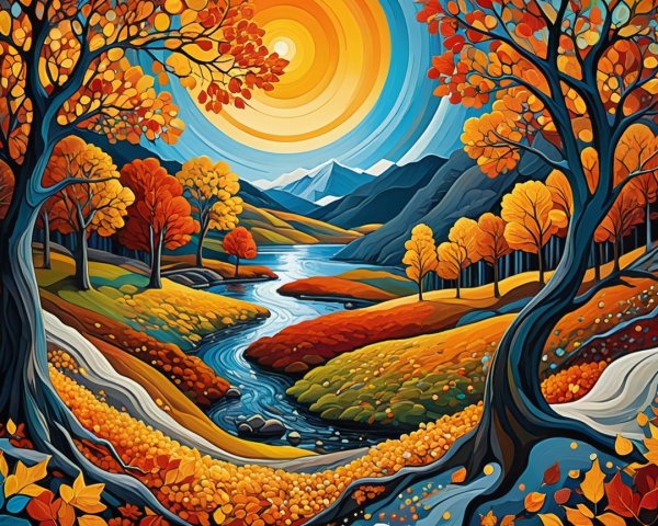 Vibrant Autumn Landscape with Rolling Hills and River