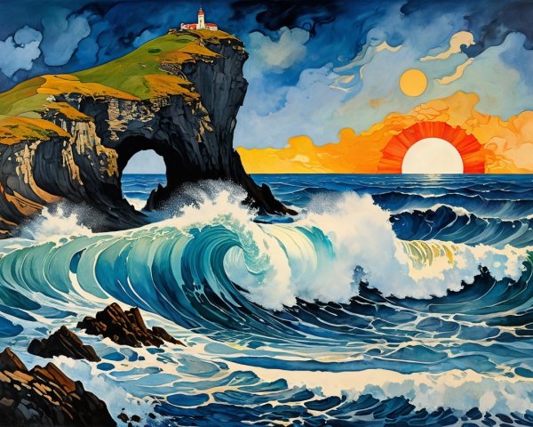Vibrant Seascape with Lighthouse and Dramatic Coastline