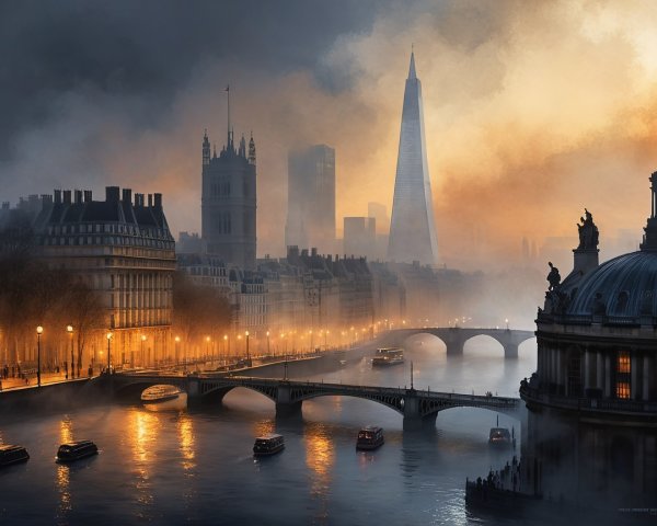 Foggy London Skyline at Dawn with Iconic Landmarks