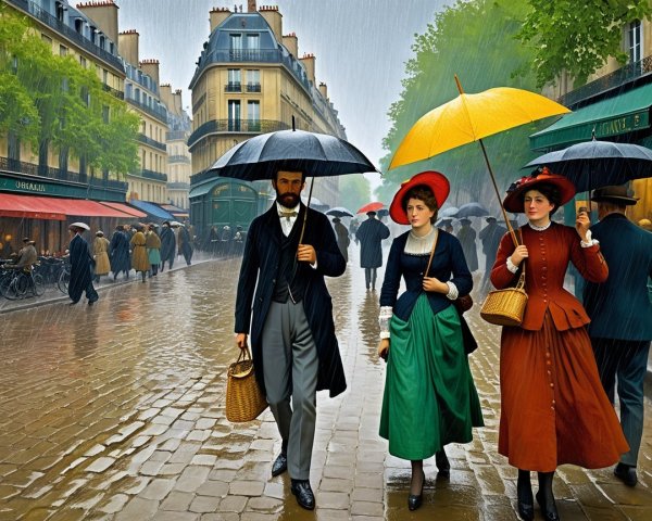 Parisian Street Scene in Rain with Stylish Attire