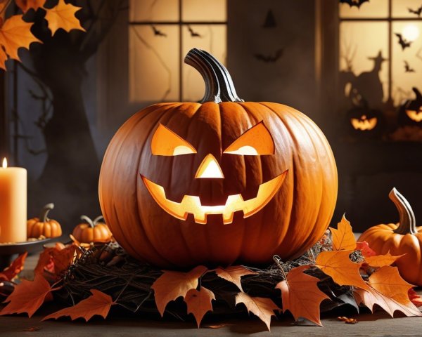 Carved Pumpkin Surrounded by Autumn Leaves and Decor