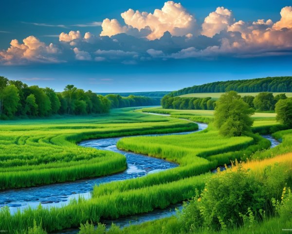 Serene Landscape with Winding River and Lush Fields