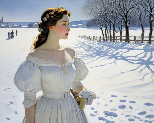 Winter Landscape with a Woman in Floral Wreath