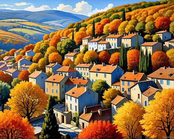 Hillside Village Surrounded by Autumn Foliage