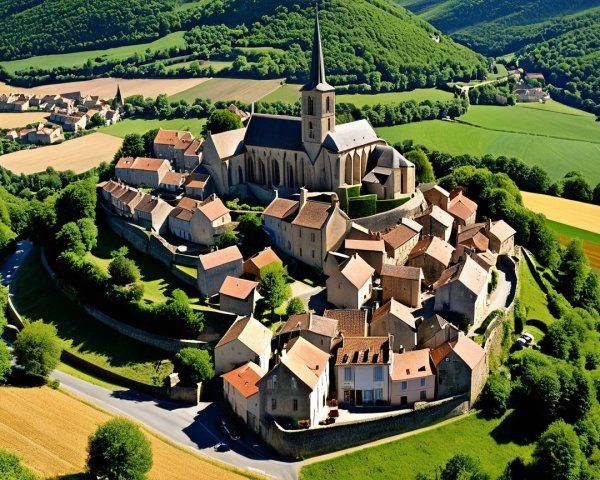 Picturesque village with stone buildings and church spire