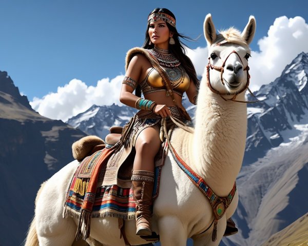 Woman in Incan attire riding a llama in mountains