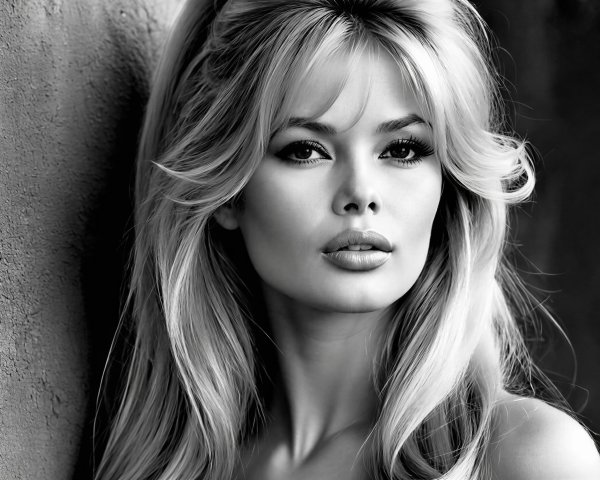 Black and white portrait of a blonde woman with makeup