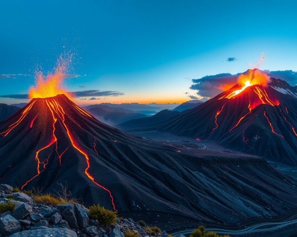 Volcanoes Erupting Under Twilight Sky with Lava Flow