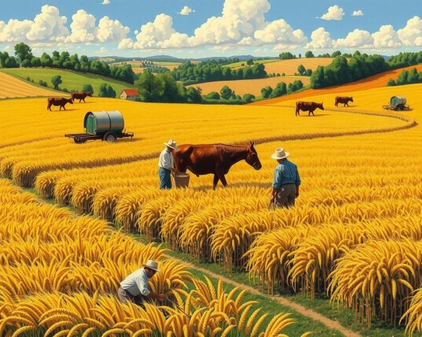 Farmers Tending Wheat Fields in Countryside Scene