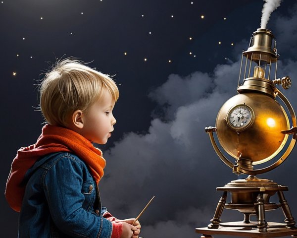 Child Observing Steampunk Device Under Moonlit Sky