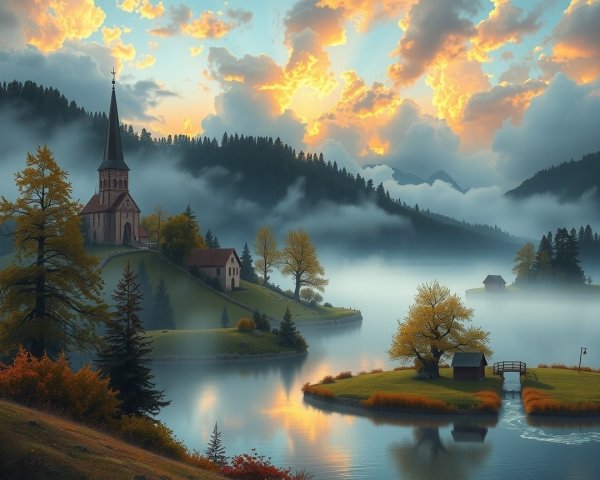 Serene Landscape with Church and Misty Mountains