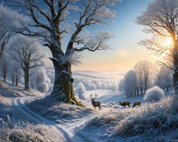 Serene Winter Landscape with Grazing Deer and Frosted Trees