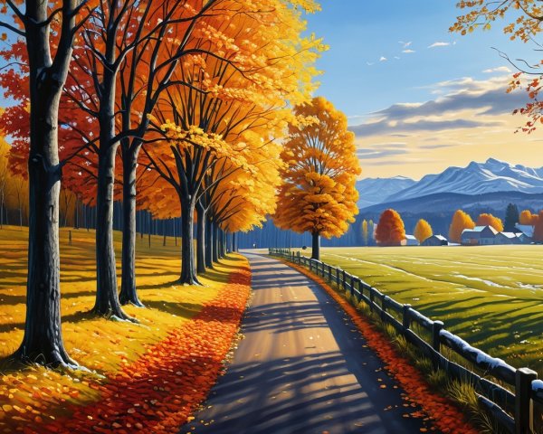 Autumn Landscape with Winding Road and Vibrant Trees