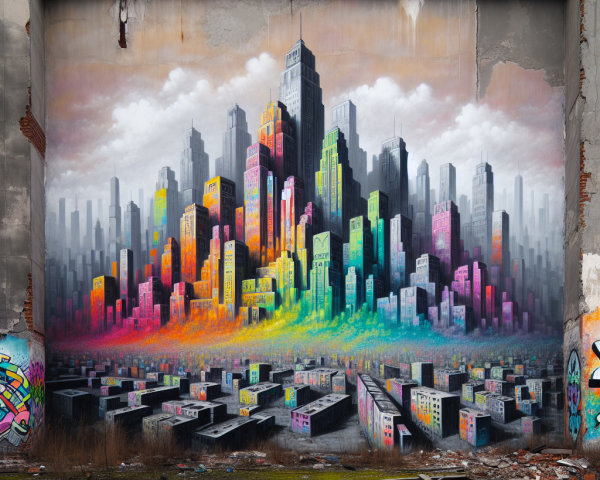 Futuristic City Skyline Mural in Urban Decay