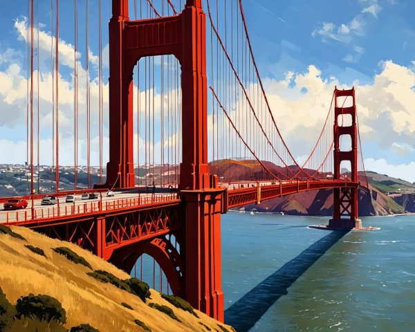 Vibrant Illustration of Golden Gate Bridge and Landscape