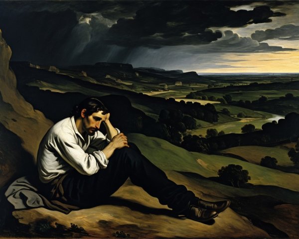 Solitary Figure on Rocky Ledge with Stormy Sky