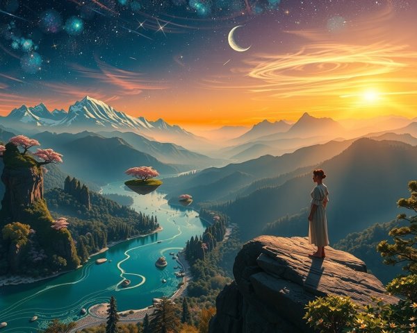 Serene Sunset Landscape with Mountains and River