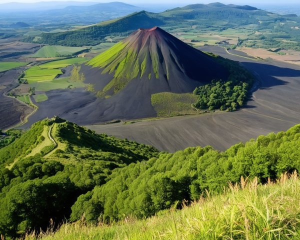 Majestic Volcano Overlooking Green and Brown Fields