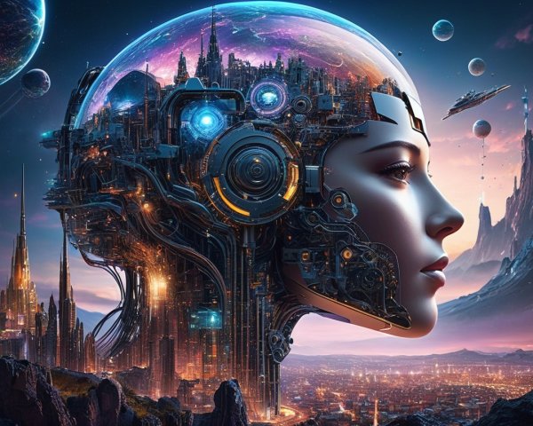 Surreal cityscape with cyborg face and futuristic city