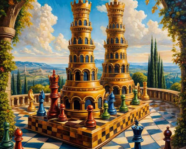 Whimsical Chessboard in a Vibrant Landscape Setting
