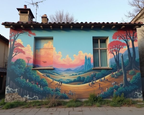 Vibrant Mural of Scenic Landscape and Sunset