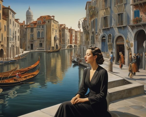 Elegant Woman in Black Dress by Venetian Canal